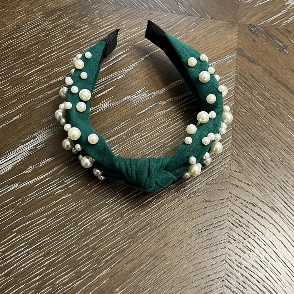 Green faux suede with pearls headband